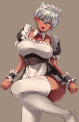 Rule 34 | 1girl, absurdres, alternate costume, animal ears, apron, blush, bow, breasts, cat ears, cat girl, corset, dark-skinned female, dark skin, detached collar, dress, enmaided, extra ears, fangs, forehead, frilled dress, frilled sleeves, frills, grey hair, hair between eyes, highres, knee up, large breasts, lower teeth only, maid, maid headdress, miniskirt, open mouth, original, pink eyes, puffy short sleeves, puffy sleeves, short hair, short sleeves, simple background, skirt, slit pupils, solo, standing, standing on one leg, teeth, thick thighs, thighhighs, thighs, white apron, white thighhighs, wrist cuffs, yukisaki miale