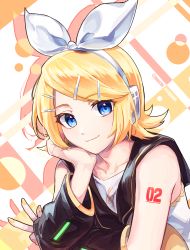 Rule 34 | 1girl, akihorisu, arm support, bare shoulders, black collar, blonde hair, blue eyes, bow, collar, collarbone, collared shirt, commentary, hair bow, hair ornament, hairclip, head rest, highres, kagamine rin, looking at viewer, sailor collar, shirt, short hair, shoulder tattoo, sleeveless, sleeveless shirt, sleeves past wrists, smile, solo, swept bangs, tattoo, treble clef, twitter username, upper body, vocaloid, w, white bow, white shirt