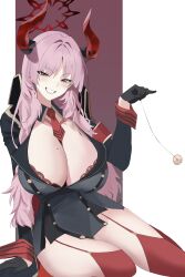 Rule 34 | 1girl, absurdres, armband, black gloves, blue archive, bra, breasts, buttons, cleavage, coin, coin on string, collar, demon horns, detached collar, garter straps, gloves, grey jacket, half gloves, halo, highres, horns, jacket, kasumi saika, lace, lace-trimmed bra, lace trim, large breasts, long hair, long sleeves, looking at viewer, military, military jacket, military uniform, mole, mole on breast, necktie, orange eyes, pink hair, red armband, red bra, red garter straps, red horns, red necktie, red thighhighs, satsuki (blue archive), sitting, solo, thighhighs, underwear, uniform