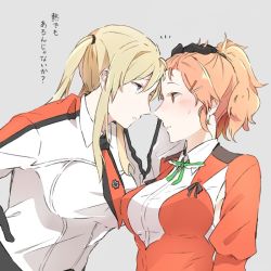 Rule 34 | 2girls, aquila (kancolle), arm at side, black gloves, blonde hair, blue eyes, blush, breasts, collared shirt, commentary, cross, embarrassed, eye contact, face-to-face, female focus, forehead-to-forehead, gloves, graf zeppelin (kancolle), green neckwear, green ribbon, grey background, grey eyes, hair between eyes, hair ornament, hair tie, hairclip, hand on another&#039;s head, hand on own hip, heads together, iron cross, kantai collection, kurozu (hckr 96), large breasts, long hair, long sleeves, looking at another, medium breasts, multiple girls, neck, necktie, orange eyes, orange hair, parted lips, ponytail, protected link, puffy long sleeves, puffy sleeves, red neckwear, red shirt, ribbon, shirt, short hair, shy, sidelocks, simple background, sweat, translated, twintails, upper body, white shirt, yuri