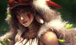 Rule 34 | 1girl, artist name, astri lohne sjursen, blood, blood on face, blurry, brown hair, closed mouth, commentary, depth of field, earrings, facepaint, fur, green eyes, head tilt, highres, jewelry, leaf, looking away, mask, mask on head, mononoke hime, necklace, parted bangs, realistic, san (mononoke hime), solo, tooth necklace, upper body, watermark, web address