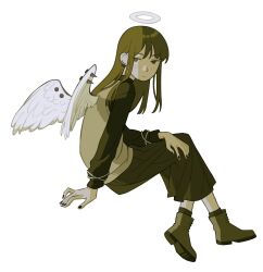 1girl angel angel_wings closed_mouth commentary earrings english_commentary expressionless full_body haibane_renmei halo highres jewelry kiwibnui long_hair long_sleeves looking_at_viewer nail_polish reki_(haibane) simple_background skirt socks solo vest white_background wings