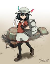 Rule 34 | 1girl, animal ear fluff, animal ears, backpack, bag, black eyes, black gloves, black hair, black pantyhose, boots, brown footwear, commentary request, cross-laced footwear, female focus, full body, gloves, hair between eyes, hat feather, helmet, kaban (kemono friends), kemono friends, lace-up boots, looking at viewer, open mouth, pantyhose, pith helmet, red shirt, rohitsuka, serval (kemono friends), shirt, short hair, shorts, solo focus, wavy hair
