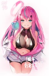 Rule 34 | 1girl, absurdres, bare shoulders, black shirt, black shorts, blue eyes, breasts, cleavage, cleavage cutout, clothing cutout, collarbone, crop top, cropped legs, grin, hair ornament, hairclip, halo, highres, hoshina rulia, indie virtual youtuber, jacket, large breasts, long hair, looking at viewer, midriff, multicolored hair, munuu, navel, off shoulder, open clothes, open jacket, pink hair, power symbol, revealing clothes, see-through, shirt, short shorts, shorts, sleeveless, sleeveless shirt, smile, solo, stomach, streaked hair, thighs, virtual youtuber, white jacket
