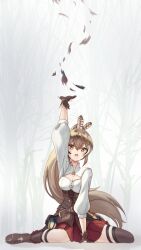 Rule 34 | 1girl, ahoge, ankle boots, arm up, asymmetrical legwear, bare tree, belt, boots, brown corset, brown eyes, brown hair, cleavage cutout, clothing cutout, corset, dagger, feather hair ornament, feathers, friend (nanashi mumei), gloves, hair ornament, hairclip, highres, hololive, hololive english, knee strap, kneehighs, knife, lantern, long hair, multicolored hair, nanashi mumei, nogi nagi, partially fingerless gloves, pleated skirt, ponytail, pouch, reaching, red skirt, shirt, single kneehigh, single sock, single thighhigh, sitting, skirt, socks, streaked hair, thigh strap, thighhighs, torn paper, tree, very long hair, virtual youtuber, wariza, weapon, white shirt