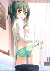 Rule 34 | 1girl, back, blush, bra, bra lift, breasts, brown eyes, clothes lift, clothes pull, cowboy shot, cum, cum in clothes, cum in panties, duplicate, enomoto kaho, from behind, green eyes, green hair, green panties, hair ornament, hairclip, highres, kantoku, looking at viewer, looking back, nipples, panties, ponytail, pussy juice, shirt lift, side-tie panties, sideboob, solo, standing, striped bra, striped clothes, striped panties, tagme, underwear, undressing, wet, wet clothes, wet panties, your diary