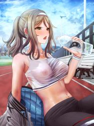 Rule 34 | 1girl, bad id, bad pixiv id, blonde hair, blue sky, blush, bottle, breasts, cloud, collarbone, crop top, day, girls&#039; frontline, grey hair, headband, highres, holding, holding bottle, k3 (girls&#039; frontline), large breasts, long hair, looking at hand, midriff, navel, off shoulder, open mouth, outdoors, pants, running track, saliva, saliva trail, see-through, shiny skin, sitting, sky, solo, sports bra, stomach, sweat, turisasu, wristband