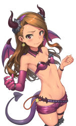 Rule 34 | 1girl, bad id, bad pixiv id, bare shoulders, belt, bikini, bikini top only, blush, breasts, brown hair, demon horns, demon tail, detached collar, earrings, elbow gloves, gloves, hairband, highres, horns, idolmaster, idolmaster (classic), jewelry, long hair, looking at viewer, md5 mismatch, midriff, minase iori, navel, pandinus, purple gloves, red eyes, shoes, shorts, single glove, single shoe, small breasts, solo, star (symbol), star earrings, swimsuit, tail, thigh strap, wings