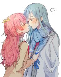 Rule 34 | !, 2girls, blue eyes, blue hair, blue scarf, blush, buttons, commentary request, ear blush, highres, hinomori shizuku, korean commentary, long hair, long sleeves, looking at another, miyamasuzaka girls&#039; academy school uniform, momoi airi, multiple girls, neckerchief, parted lips, pink eyes, pink hair, pocket, prmogumogu, project sekai, red neckerchief, sailor collar, scarf, scarf pull, school uniform, simple background, spoken exclamation mark, upper body, white background, winter clothes, yuri
