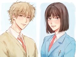 Rule 34 | 177 09cm, 1boy, 1girl, bishounen, blazer, blonde hair, blue background, blue jacket, blush, bob cut, brown hair, cardigan, collared shirt, hair ornament, hairpin, highres, iwakura mitsumi, jacket, looking at viewer, messy hair, necktie, open mouth, red necktie, school uniform, shima sousuke, shirt, short hair, simple background, skip to loafer, smile, thai commentary, two-tone background, upper body, white background, white shirt, yellow cardigan, yellow eyes