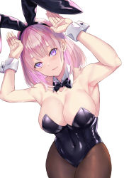 Rule 34 | 1girl, animal ears, armpits, arms up, bare arms, bare shoulders, black bow, black bowtie, black leotard, bow, bowtie, breasts, brown pantyhose, character request, cleavage, collarbone, commentary request, copyright request, covered navel, cowboy shot, detached collar, fake animal ears, highres, large breasts, leotard, long hair, looking at viewer, mole, mole on breast, nabeshima tetsuhiro, pantyhose, pink hair, playboy bunny, purple eyes, rabbit ears, rabbit pose, simple background, smile, solo, standing, strapless, strapless leotard, white background, wrist cuffs