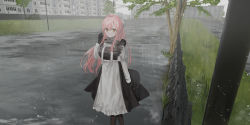 Rule 34 | 1girl, absurdres, apron, black dress, black gloves, black pantyhose, bow, breasts, brown eyes, building, chihuri, closed mouth, commentary request, day, dress, frilled apron, frills, gloves, hair between eyes, hair ribbon, highres, juliet sleeves, long hair, long sleeves, looking at viewer, medium breasts, original, outdoors, pantyhose, pink hair, ponytail, power lines, puffy sleeves, ribbon, shirt, sleeveless, sleeveless dress, solo, standing, tree, utility pole, very long hair, waist apron, white apron, white bow, white ribbon, white shirt, window, yana (chihuri)
