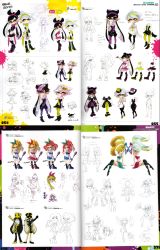Rule 34 | absurdres, boots, character sheet, concept art, earrings, gloves, hairband, high heel boots, high heels, highres, jewelry, looking at viewer, nintendo, orange eyes, partially colored, pointy ears, ponytail, splatoon (series), tentacle hair, translation request, wedge heels, white background, wide hips