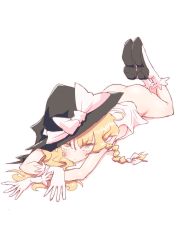Rule 34 | 1girl, absurdres, ass, black hat, blonde hair, bottomless, bow, braid, female focus, hat, hat bow, high heels, highres, kirisame marisa, long hair, looking at viewer, lying, non (z-art), on stomach, simple background, single braid, solo, touhou, white background, witch hat, yellow eyes