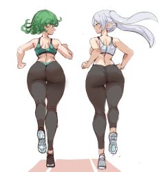 2girls alternate_costume ass back bare_shoulders breasts curly_hair earrings elf frieren from_behind green_eyes green_hair highres jewelry long_hair looking_to_the_side midriff multiple_girls one-punch_man panties pantyhose parted_bangs pointy_ears rakeemspoon running shoes short_hair simple_background sneakers sousou_no_frieren sports_bra tatsumaki thighs twintails underwear white_background white_hair