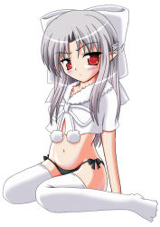Rule 34 | 00s, blush, long hair, melty blood, no pants, panties, pointy ears, red eyes, side-tie panties, silver hair, solo, thighhighs, tsukihime, type-moon, underwear, white len (tsukihime)