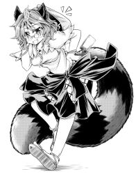 Rule 34 | 1girl, animal ears, fang, futatsuiwa mamizou, glasses, greyscale, hand on own hip, leaf, leaf on head, monochrome, mumumu, notepad, object on head, open mouth, pince-nez, raccoon ears, raccoon tail, sandals, slit pupils, smile, tail, touhou