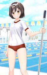 Rule 34 | 1girl, absurdres, black hair, blue sky, buruma, cloud, commentary request, cowboy shot, day, fantia commission, feet out of frame, grin, gym shirt, gym uniform, hairband, highres, kantai collection, lane line, looking at viewer, mop, outdoors, pool, red buruma, shirt, short hair, sky, smile, solo, string of flags, t-shirt, takafumi, tanikaze (kancolle), white hairband, white shirt, yellow eyes