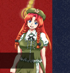 Rule 34 | 1girl, bad id, bad pixiv id, braid, china dress, chinese clothes, dress, female focus, hat, hong meiling, mizu mochi, red hair, solo, embodiment of scarlet devil, touhou, twin braids