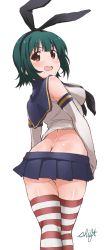 Rule 34 | 1girl, artist name, ass, blush, breasts, butt crack, cosplay, crossover, elbow gloves, from behind, gloves, green hair, idolmaster, idolmaster (classic), kantai collection, looking back, mole, mole under mouth, no panties, otonashi kotori, red eyes, shift (waage), shimakaze (kancolle), shimakaze (kancolle) (cosplay), short hair, signature, solo, striped clothes, striped thighhighs, thighhighs