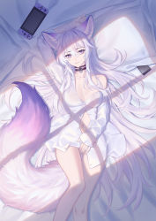 Rule 34 | 1girl, absurdres, animal ears, bed sheet, black choker, breasts, cellphone, choker, cleavage, fox ears, hair between eyes, handheld game console, highres, kirby d a, legs, long hair, looking at viewer, lying, medium breasts, navel, nintendo switch, on back, original, phone, pillow, purple eyes, shirt, slit pupils, tail, white hair, white shirt
