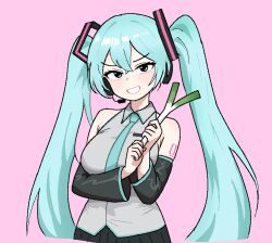 Rule 34 | 1girl, aqua hair, cocktiel77, detached sleeves, food, grey shirt, hatsune miku, holding, holding food, holding spring onion, holding vegetable, looking at viewer, pink background, shirt, sleeveless, smile, solo, spring onion, twintails, upper body, vegetable, vocaloid