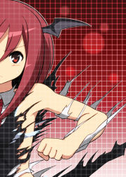 Rule 34 | 1girl, armband, back cover, bare shoulders, bat wings, censored, convenient censoring, cover, dress shirt, exploding clothes, frown, gradient background, grid, head wings, highres, koakuma, leon (mikiri hassha), long hair, long sleeves, looking at viewer, necktie, red background, red eyes, red hair, red theme, shirt, solo, touhou, vest, white shirt, wings