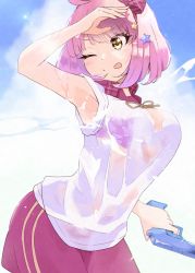 Rule 34 | ;p, arm up, armpits, blush, bra, breasts, chieru (princess connect!), highres, large breasts, one eye closed, pink hair, princess connect!, see-through, see-through shirt, shirt, short hair, splashing, sportswear, star (symbol), tongue, tongue out, underwear, uruc, water, water gun, wet, wet clothes, wet shirt, wink, yellow eyes