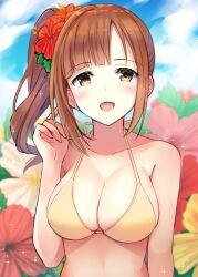 Rule 34 | 1girl, bare shoulders, bikini, blue sky, blush, breasts, brown eyes, brown hair, cleavage, cloud, collarbone, day, dot nose, floral background, flower, hair flower, hair ornament, hand up, hibiscus, highres, idolmaster, idolmaster cinderella girls, idolmaster cinderella girls starlight stage, igarashi kyoko, long hair, looking at viewer, medium breasts, open mouth, pink flower, red flower, side ponytail, sky, smile, solo, sparkle, swimsuit, u rin, upper body, white flower, yellow bikini, yellow flower