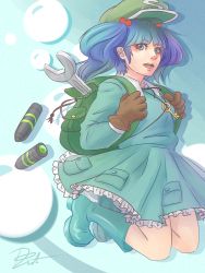 Rule 34 | 1girl, backpack, bag, blue eyes, blue hair, blush, bomb, boots, brown gloves, clothes lift, disst (rawrphish), dress, explosive, frilled skirt, frills, gloves, hair bobbles, hair ornament, hat, highres, jumping, kawashiro nitori, key, leg up, long sleeves, looking at viewer, matching hair/eyes, open mouth, pocket, rubber boots, shirt, short hair, short twintails, skirt, skirt lift, skirt set, solo, touhou, twintails, two side up, wrench