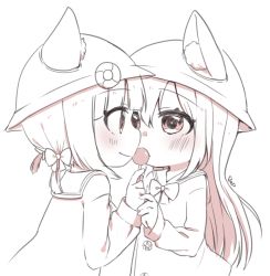 Rule 34 | 2girls, animal ears, artist name, azur lane, bad id, bad pixiv id, blush, bow, candy, cat ears, commentary request, ears through headwear, eye contact, food, hair between eyes, hair bow, hat, holding, holding candy, holding food, holding lollipop, kindergarten uniform, kisaragi (azur lane), lifebuoy, lollipop, long hair, long sleeves, looking at another, low twintails, monochrome, multiple girls, mutsuki (azur lane), reo (re2kn), sailor collar, school hat, shirt, sidelocks, simple background, swim ring, twintails, very long hair, white background