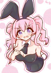 Rule 34 | 1girl, absurdres, angry, animal ears, blush, breasts, cait sith47, cleavage, highres, large breasts, leotard, necktie, open mouth, pantyhose, pink hair, playboy bunny, princess connect!, purple eyes, rabbit tail, tail, tassel, tsumugi (princess connect!), twintails