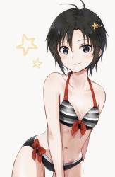 Rule 34 | 1girl, antenna hair, bare shoulders, bent over, bikini, black bikini, black eyes, black hair, blush, bow, bow bikini, breasts, cleavage, collarbone, commentary, cowboy shot, front-tie bikini top, front-tie top, grey bikini, hair between eyes, hair ornament, hairclip, highres, idolmaster, idolmaster (classic), idolmaster 2, idolmaster million live!, idolmaster million live! theater days, kikuchi makoto, leaning forward, looking at viewer, midriff, mogskg, multicolored bikini, multicolored clothes, navel, red bikini, red bow, short hair, simple background, small breasts, smile, solo, standing, star (symbol), star hair ornament, striped bikini, striped clothes, swimsuit, thigh gap, very short hair, white background, white bikini