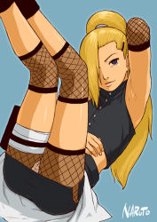 Rule 34 | 1girl, arm up, armpits, ass, blonde hair, buttons, earrings, elbow pads, fishnets, hair ornament, hair over one eye, hairclip, jewelry, knee pads, legs, lips, long hair, looking at viewer, miniskirt, nail, naruto (series), naruto shippuuden, nier (l215), panties, pocket, ponytail, skirt, solo, thigh strap, thighs, turtleneck, underwear, yamanaka ino