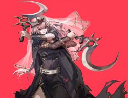Rule 34 | 1girl, breasts, cape, cleavage cutout, clothing cutout, crossed arms, dual wielding, highres, holding, holding sickle, hololive, hololive english, long hair, looking at viewer, medium breasts, mori calliope, mori calliope (1st costume), pink hair, quasarcake, red background, red eyes, sickle, solo, spikes, tiara, veil, virtual youtuber