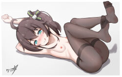 Rule 34 | 1girl, :q, ahoge, anus, aqua eyes, ass, black pantyhose, blush, boppin, breasts, brown hair, cat hair ornament, cleft of venus, closed mouth, commentary, crossed bangs, feet, female focus, full body, hair between eyes, hair ornament, hair ribbon, highres, hololive, legs, legs up, licking lips, looking at viewer, lying, medium hair, natsuiro matsuri, nipples, no panties, no pants, no shoes, nose blush, on back, pantyhose, pussy, ribbon, see-through, side ponytail, simple background, small breasts, soles, solo, thighband pantyhose, toes, tongue, tongue out, topless, virtual youtuber