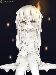 Rule 34 | 1girl, black background, blush, breasts, candle, candle wax, colored sclera, colored skin, curss, dot nose, fire, grey eyes, grey hair, grey sclera, grey skin, highres, knees together feet apart, long hair, looking at viewer, monster girl, navel, open mouth, original, personification, sitting, slime girl, small breasts, solo, twitter username, wax