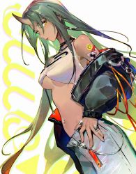 Rule 34 | 1girl, arknights, bare shoulders, black choker, black jacket, blush, breasts, casual, choker, cowboy shot, crop top, dutch angle, earrings, closed eyes, green hair, grey pants, hand on own hip, highres, horns, hoshiguma (arknights), jacket, jewelry, large breasts, long hair, long sleeves, looking at viewer, luuuo (luuuo0102), navel, navel piercing, open clothes, open jacket, pants, piercing, single horn, skin-covered horns, solo, stomach, underboob, very long hair, white background, yellow eyes