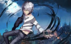 Rule 34 | 1boy, accelerator (toaru majutsu no index), albino, city, cloud, crutch, earbuds, earphones, grin, looking at viewer, male focus, moon, shirt, short hair, sky, smile, solo, striped clothes, striped shirt, toaru majutsu no index, white hair