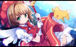 Rule 34 | 1girl, :d, absurdres, beret, blurry, blurry background, bow, bowtie, brown hair, cardcaptor sakura, closed mouth, commentary request, creature, depth of field, dress, gloves, green eyes, hat, highres, holding, holding wand, kero (cardcaptor sakura), kinomoto sakura, letterboxed, looking at viewer, magical girl, okota mikan, open mouth, over-kneehighs, puffy short sleeves, puffy sleeves, red bow, red dress, red hat, red neckwear, shirt, short hair, short sleeves, sleeveless, sleeveless dress, smile, thighhighs, wand, white bow, white gloves, white shirt, white thighhighs, white wings, wings