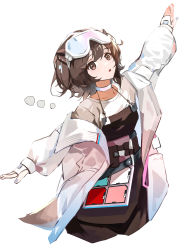Rule 34 | 1girl, :o, absurdres, animal ears, apron, arknights, arms up, black apron, brown eyes, brown hair, choker, coat, commentary request, cropped legs, goggles, goggles on head, grey nails, highres, long sleeves, nail polish, open clothes, open coat, open mouth, otter ears, otter girl, otter tail, outstretched arms, qianzhaojihuajipao, roberta (arknights), shirt, short hair, simple background, solo, t-pose, tail, white background, white choker, white coat, white shirt