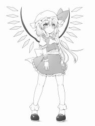 Rule 34 | 1girl, ascot, back bow, bobby socks, bow, closed mouth, collared shirt, flandre scarlet, frilled shirt collar, frilled skirt, frilled sleeves, frills, full body, greyscale, hair between eyes, hat, hat ribbon, highres, long hair, marukyuu ameya, mary janes, mob cap, monochrome, pigeon-toed, puffy short sleeves, puffy sleeves, ribbon, ribbon-trimmed headwear, ribbon trim, shirt, shoes, short sleeves, side ponytail, skirt, socks, solo, standing, touhou, vest, wings, wrist cuffs