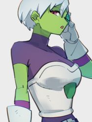 Rule 34 | 1girl, armor, breasts, cheelai, colored skin, dragon ball, dragon ball super, dragon ball super broly, gloves, green skin, grey background, kemachiku, looking at viewer, medium breasts, pink eyes, scouter, short hair, simple background, solo, white gloves, white hair