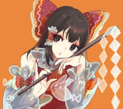 Rule 34 | 1girl, adapted costume, bare shoulders, black eyes, black hair, bow, detached sleeves, fingernails, gohei, hair bow, hair tubes, hakurei reimu, haya taro pochi, holding, medium hair, nail polish, orange background, parted lips, red bow, red nails, sidelocks, simple background, solo, touhou, upper body, wide sleeves