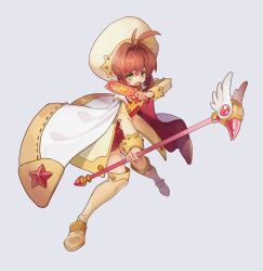 Rule 34 | 1girl, absurdres, antenna hair, beret, blush, boots, brown hair, cape, cardcaptor sakura, clow card, dress, fighting stance, fuuin no tsue, green eyes, grey background, hat, highres, holding, kinomoto sakura, knee boots, kuzen, looking at viewer, magical girl, open mouth, serious, short hair, solo, wand, white cape, white footwear, white hat, wings