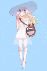 Rule 34 | 1girl, aoi (altea0923), arms behind back, bag, blonde hair, blue footwear, blunt bangs, braid, collared dress, commentary request, creatures (company), dress, duffel bag, eyelashes, full body, game freak, green eyes, hat, highres, kneehighs, lillie (pokemon), long hair, looking at viewer, nintendo, parted lips, poke ball theme, pokemon, pokemon sm, see-through, shoes, sleeveless, sleeveless dress, socks, solo, sun hat, sundress, twin braids, white dress, white hat, white socks