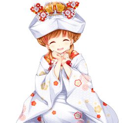 Rule 34 | 1girl, :d, ^ ^, amari akari, braid, brown hair, clenched hands, closed eyes, eyebrows, floral print, furisode, girlfriend (kari), glint, hair up, japanese clothes, jewelry, kimono, multicolored hair, nail polish, official art, open mouth, own hands together, qp:flapper, red hair, ring, smile, solo, traditional clothes, transparent background, two-tone hair, uchikake, wedding band, wedding ring, white background