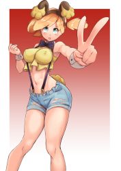 Rule 34 | 1girl, animal ears, bare shoulders, blue eyes, border, breasts, buneary, buneary (cosplay), cosplay, covered erect nipples, creatures (company), crop top, denim, denim shorts, fake animal ears, game freak, gen 4 pokemon, highres, large breasts, looking up, midriff, misty (pokemon), navel, nico-mo, nintendo, open mouth, orange hair, pokemon, pokemon (anime), pokemon (classic anime), red background, short hair, short sidetail, shorts, solo, suspender shorts, suspenders, teeth, upper teeth only, v, white border, wrist cuffs