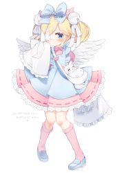 Rule 34 | 1girl, animal, apron, bag, bell, blonde hair, blue apron, blue bow, blue eyes, blue footwear, blush, bow, closed mouth, commentary request, cutesu (cutesuu), double bun, dress, eyepatch, feathered wings, frilled sleeves, frills, full body, hair bell, hair bow, hair bun, hair ornament, hair ribbon, highres, jingle bell, kneehighs, kokone (coconeeeco), layered sleeves, loafers, long sleeves, medical eyepatch, original, pink dress, pink lips, puffy short sleeves, puffy sleeves, ribbon, shoes, short over long sleeves, short sleeves, shoulder bag, simple background, sleeves past fingers, sleeves past wrists, smile, socks, solo, standing, white background, white ribbon, white wings, wide sleeves, wings
