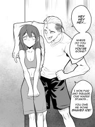 Rule 34 | 1boy, 1girl, absurdres, asymmetrical hair, blush, breasts, cleavage, clenched hand, closed mouth, constricted pupils, dot mouth, english text, fang, gamou maki, greyscale, height difference, hetero, high contrast, highres, ijiranaide nagatoro-san, long hair, medium breasts, monochrome, nagatoro ichirou, qualinwraith, shirt, short ponytail, shorts, sidecut, speech bubble, sports bra, t-shirt, undercut, v arms